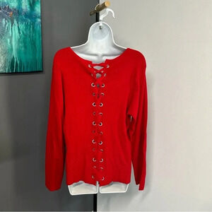 Woman’s 1X  Venus Pullover Lace-Up Back Long Sleeve V Neck Sweater Red‎ Stretch